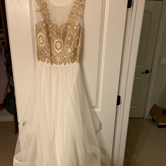 white and gold prom dresses macy's Primavera Couture Long Dress 4519